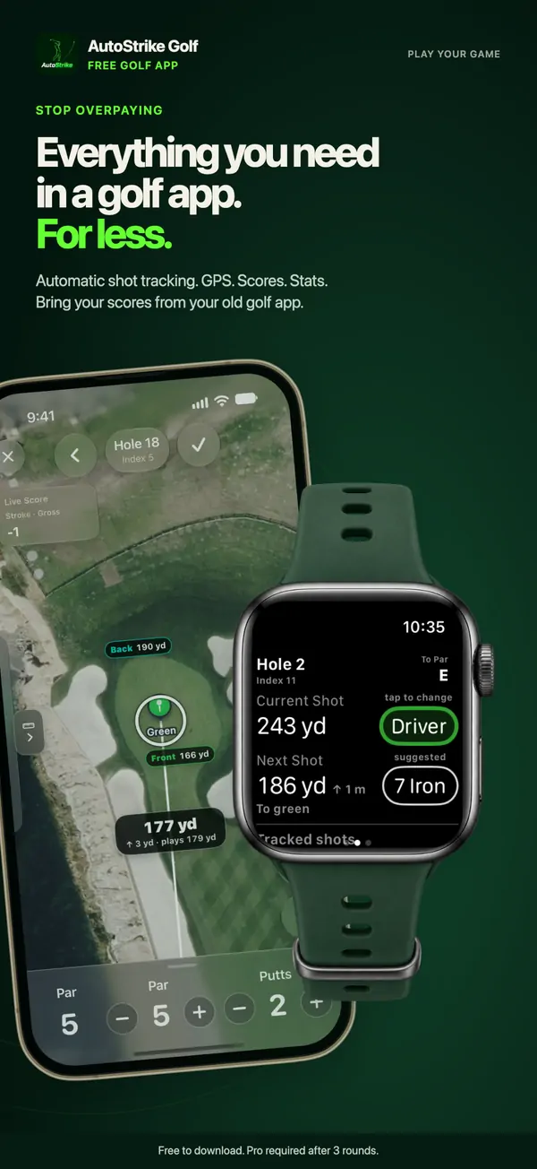 Everything you need in a golf app. For less. AutoStrike on iPhone and Apple Watch.